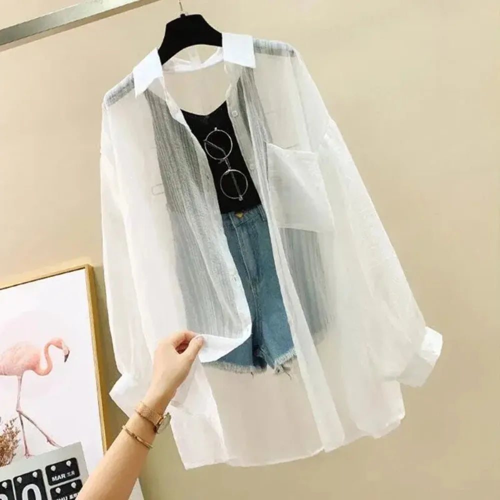 Camisa de verano con protección solar, elegante perspectiva, blusa fina de gasa coreana
