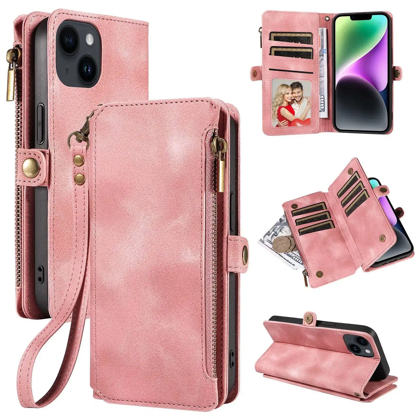 Color: Blue, Material: aluminum - Zipper Multi 9 Cards Wallet Case for OPPO Reno 12 10 8 7 6 5 Pro 11F 11A 8T 6Z 5Z Retro Leather Lanyard Wrist Strap Phone Cover