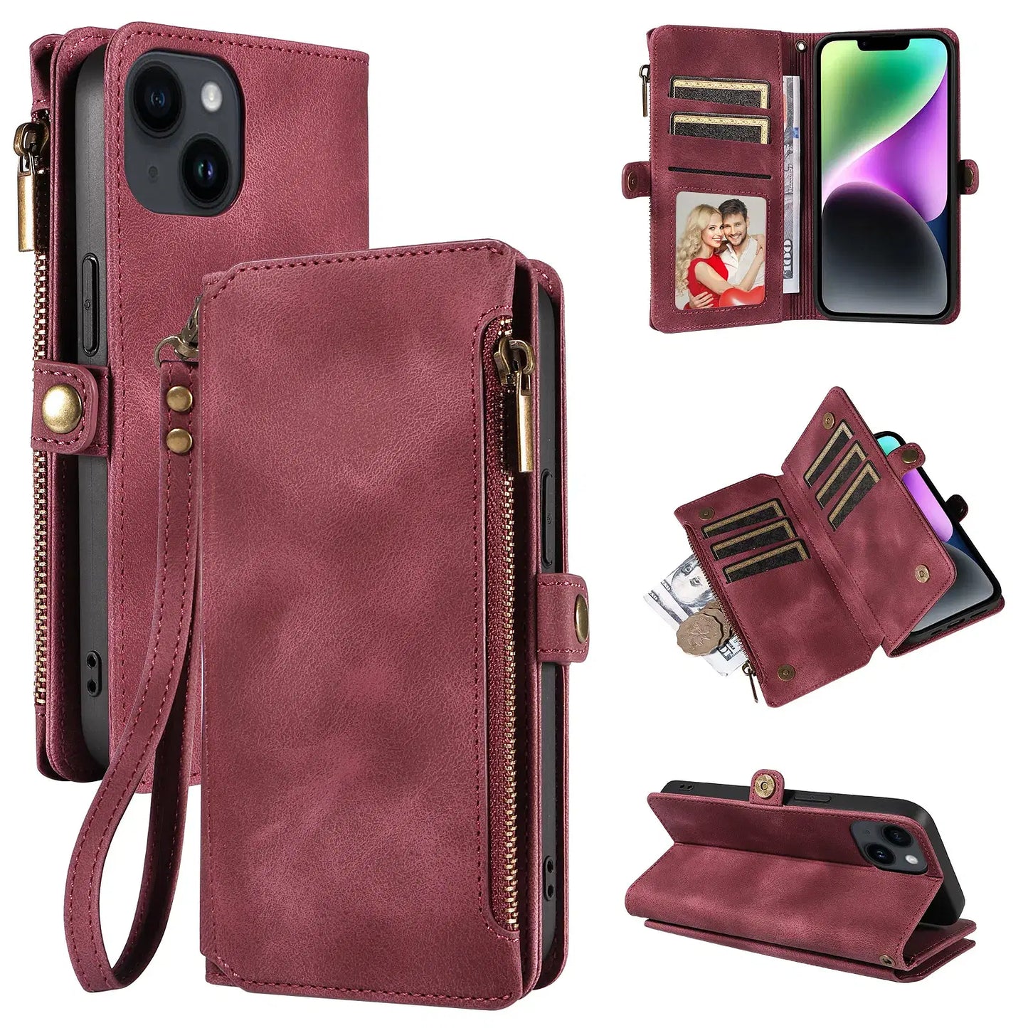 Color: Blue, Material: aluminum - Zipper Multi 9 Cards Wallet Case for OPPO Reno 12 10 8 7 6 5 Pro 11F 11A 8T 6Z 5Z Retro Leather Lanyard Wrist Strap Phone Cover