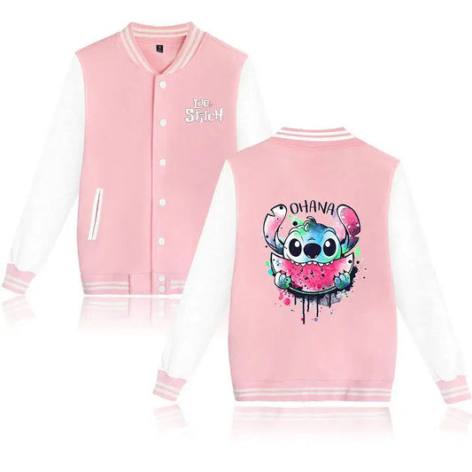 Color: Fuchsia, Size: 8XL - Lilo Stitch Baseball Jacket Men Women Hip Hop Harajuku Jackets Streetwear Kids Boys Girls Loose College Coats