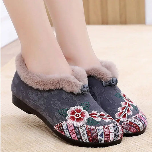 Color: GRAY, Shoe Size: 39 - Women?s warm Plucked thickened shoes fashion embroidery patchwork shoes for lady lightweight soft comfortable non slip shoes
