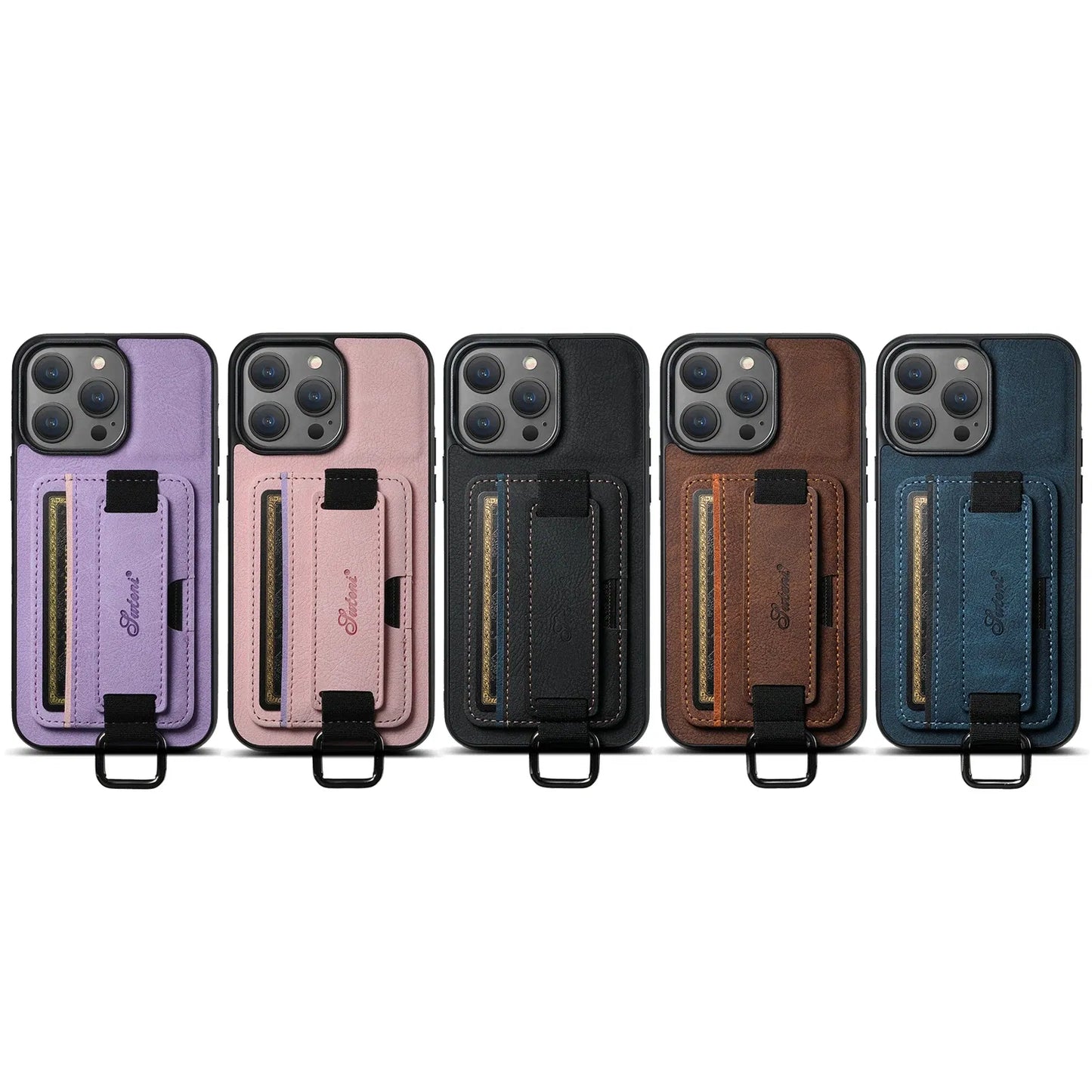 Color: Blue, Material: POLYESTER - SUTENI Lychee skin print wrist strap card phone case Card holder for iPhone 16 ProMax 15 Plus 14 13 12 11 XR XS Black/blue/brown