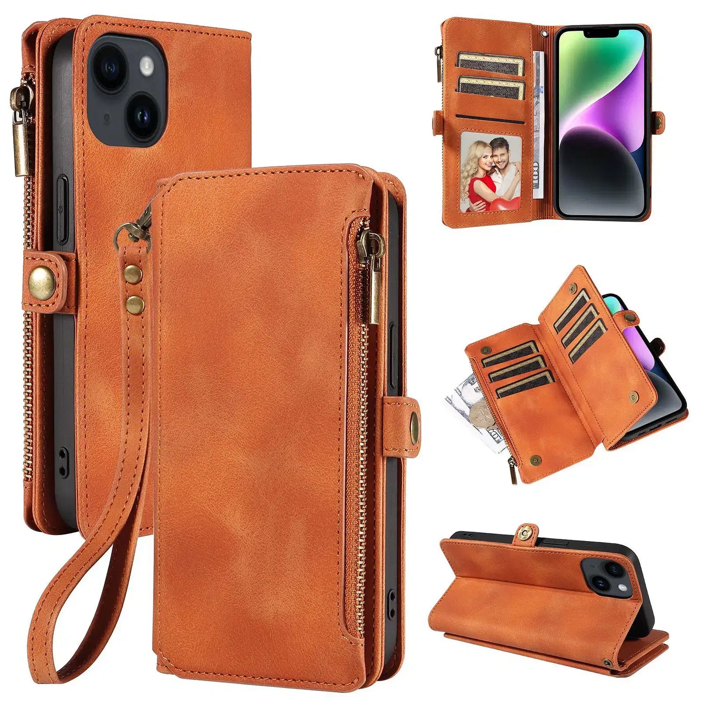 Color: Blue, Material: aluminum - Zipper Multi 9 Cards Wallet Case for OPPO Reno 12 10 8 7 6 5 Pro 11F 11A 8T 6Z 5Z Retro Leather Lanyard Wrist Strap Phone Cover