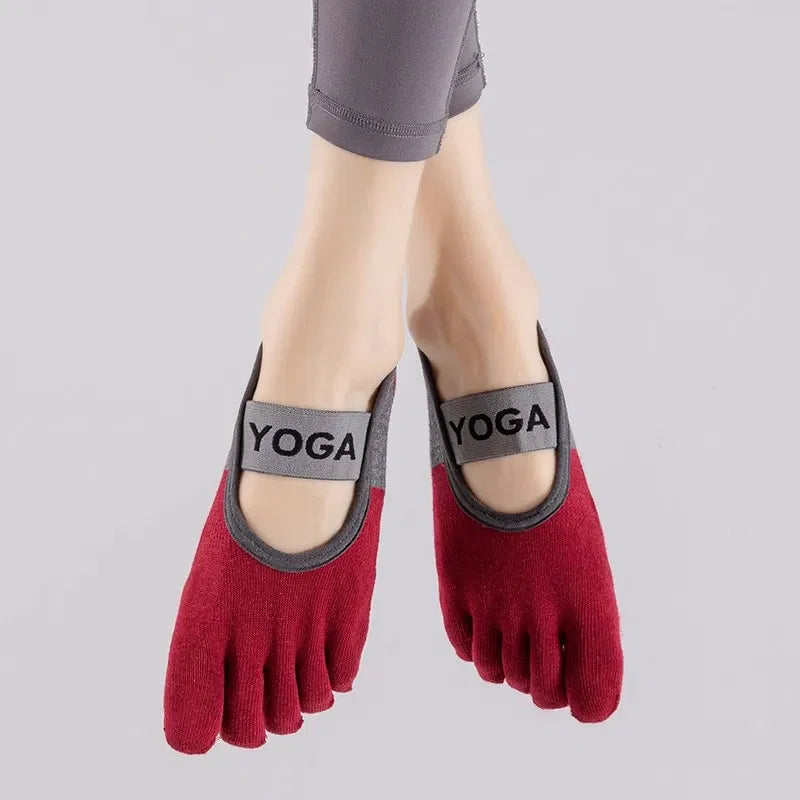 Color: Blue - Ladies Breathable Yoga Socks Silicone Non-Slip Five Finger Pilates Socks for Backless Fitness Ballet Dance Cotton Gym Socks