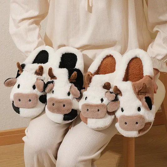 Color: black, Shoe Size: 45 - New Winter Unisex Cartoon Cow Warm Plush Slippers Couple's Indoor Non-slip House Mule Men And Women Toe Wrap Home Cotton Shoes