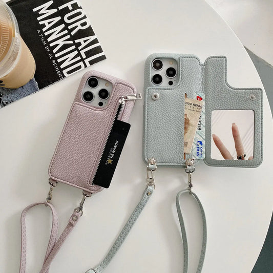Material: leather, Color: Brown - Zipper Wallet Makeup Mirror Crossbody Lanyard Case For iPhone 16 15 14 Pro Max 13 12 11 XR XS 7 8 Plus Card Slot Leather Cover