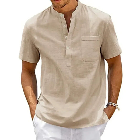 Color: Azul marino, Talla: L - Camisa de lino y algodón para hombre, cuello Henley, bolsillo, informal, para playa, manga corta, color liso, estilo vintage