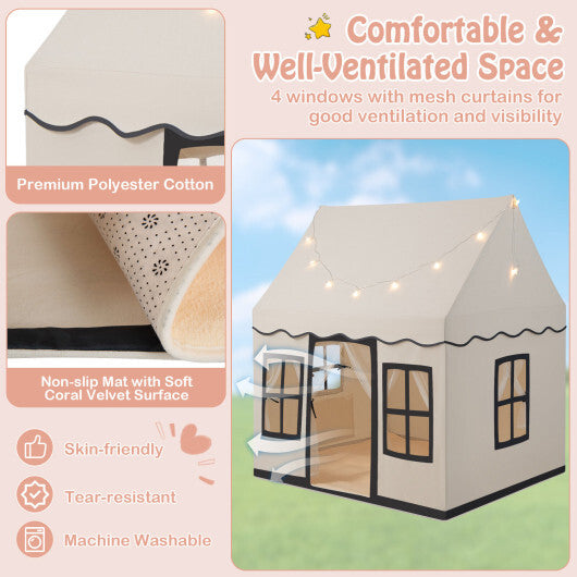 Toddler Large Playhouse with Star String Lights-Beige - Color: Beige