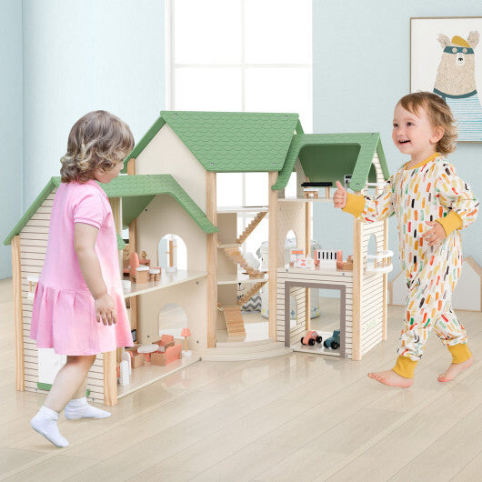 Wooden Corner Dollhouse Playset with 6 Rooms and 36 Pieces for Kids 3+ Years Old-Green - Color: Green