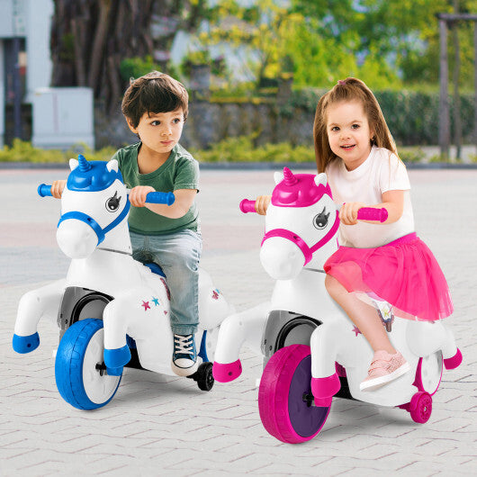 12V Unicorn Ride on Toy with Training Wheels and Horse Riding Mode-Rose Red - Color: Rose Red