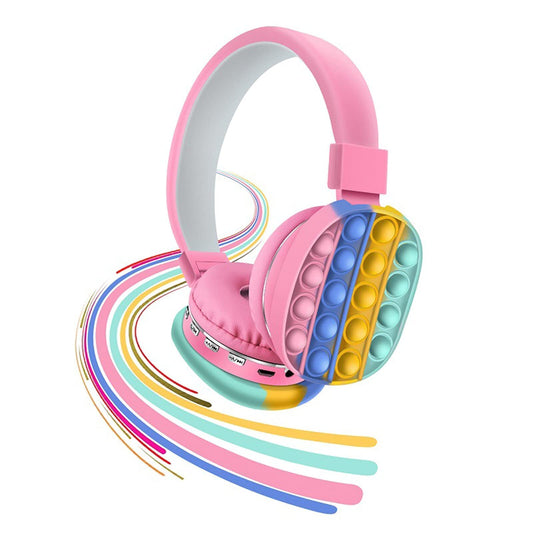 Fidget Headphones Kids Toy Headset, Wireless Bluetooth Headphone Pop Bubble On-Ear Headphone Fidget Toy Rainbow Color Fidget Headset for Children Adults (Pink)