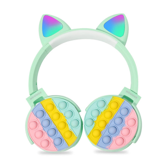 Fidget Headphones Kids Toy Headset, Wireless Bluetooth Headphone Pop Bubble On-Ear Headphone Fidget Toy Rainbow Color Fidget Headset for Children Adults (Green-Cat)