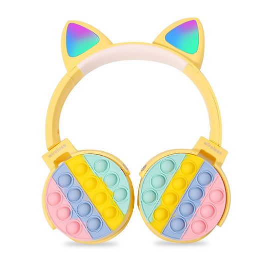 Fidget Headphones Kids Toy Headset, Wireless Bluetooth Headphone Pop Bubble On-Ear Headphone Fidget Toy Rainbow Color Fidget Headset for Children Adults (Yellow-Cat)