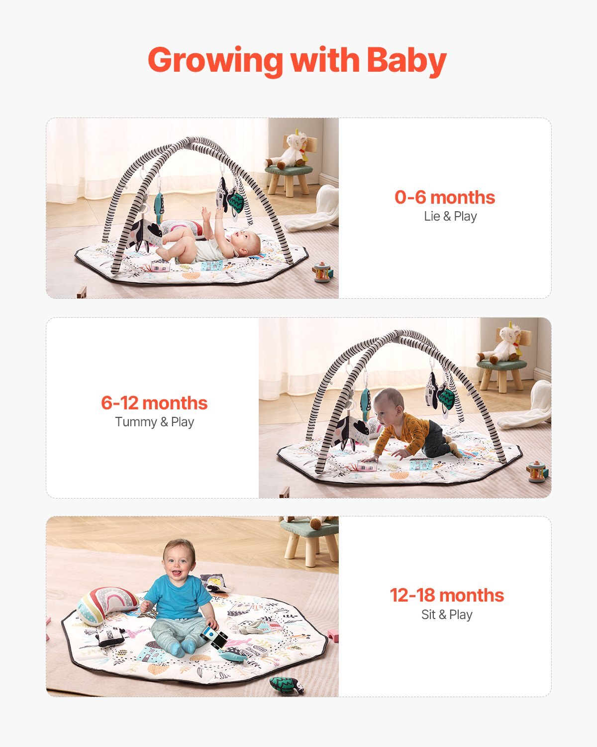 Baby Play Gym Mat, Tummy Time Mat with 6 Detachable Sensory Toys, 41.7" x 41.7" Large-Sized Baby Newborn Activity Mat with Fold-up Sides & Soft Fabric for Sensory and Motor Skill Development