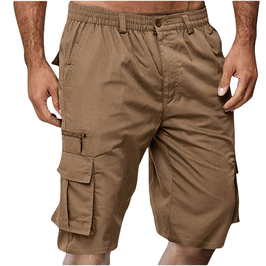 Men'S Shorts Elastic Waist Straight Buttons Zipper Solid Color Cargo Shorts Summer Casual Work Shorts with Pockets