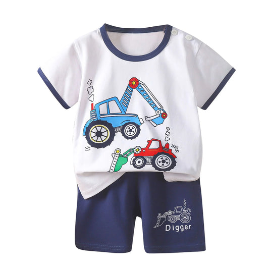Baby Boys Outfit Set, Cotton Short Sleeve Cartoon Print Shirts and Shorts Sets White Size 6 Months