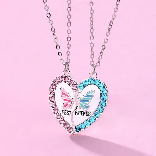 2Pcs/Set Delicate Rhinestone Butterfly Heart Best Friend Necklace BFF Friendship Jewelry Gifts for Kids