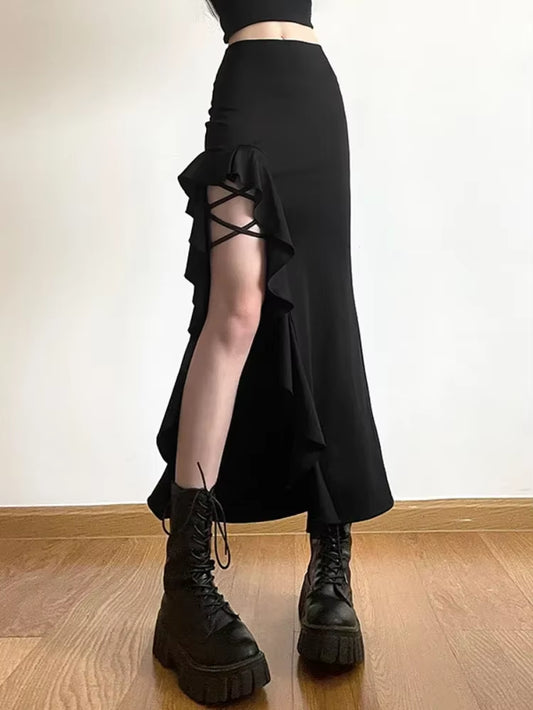 High-Waisted Half-Split Y2K Skirt Slim Skirts Streetwear Solid Micro-Pleats Bustier Skirt Evening Dresses Bandage Women Clothing