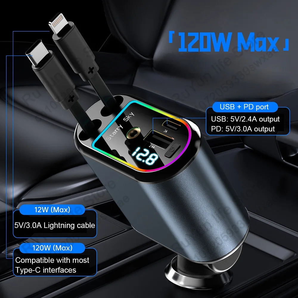 4 in 1 Retractable Car Charger with USB C Lightning Cable Starlight in Auto Roof Fast Charging for Iphone Samsung Phones