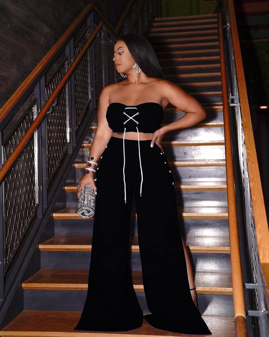 Dressy Rompers for Women Casual Summer Outfits for Women 2 Piece Sets - Sexy off Shoulder Strapless Lace up Crop Tube Tops and High Split Wide Leg Palazzo Long Pants Set Jumpsuits Clubwear Black, S