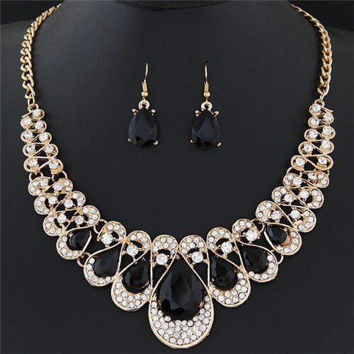 Shining Waterdrops Fashion Collar Necklace and Earrings Set - Black