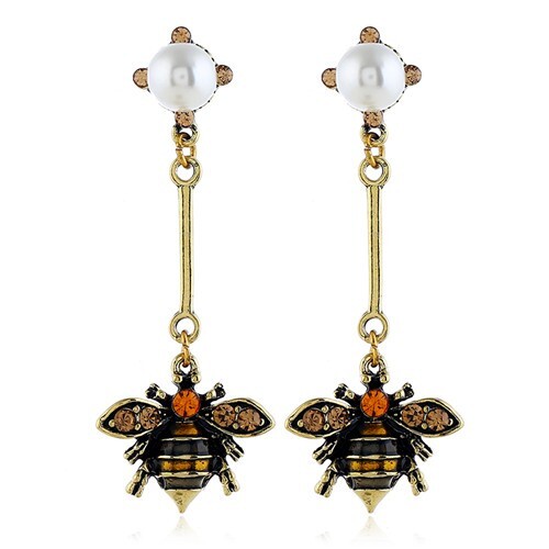 Pearl Inlaid Vintage Bee Dangling Fashion Costume Earrings