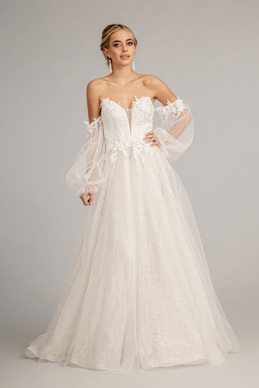 3-D Flower Embellished Glitter Netting A-line Dress w/ Detached Long Sleeves