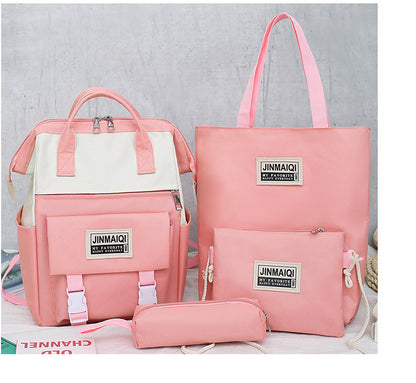 Color: Pink without pendant - Big Clip Four-Piece Set Of Casual College Students Ladies Backpack