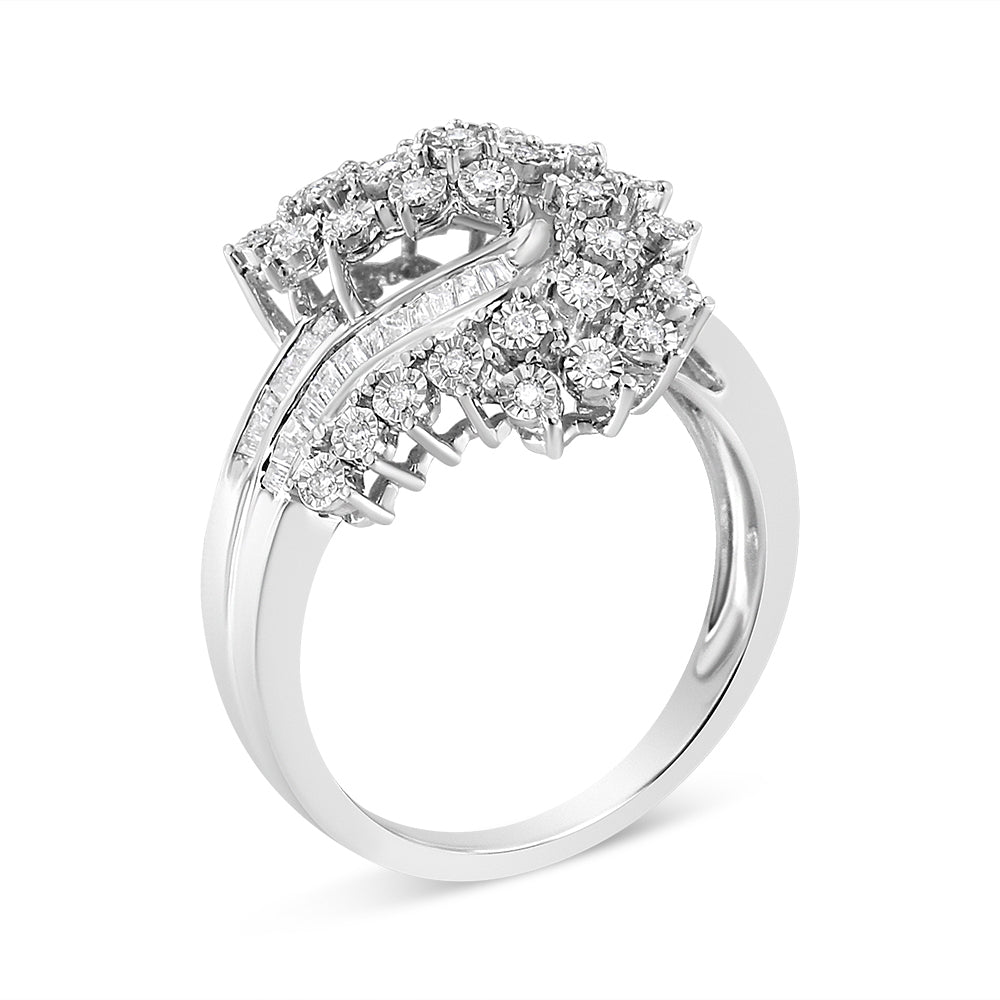 10K White Gold 1/2 Cttw Round and Baguette-Cut "S" Shaped Bypass Cocktail Ring (I-J Color, I1-I2 Clarity) - Size 6