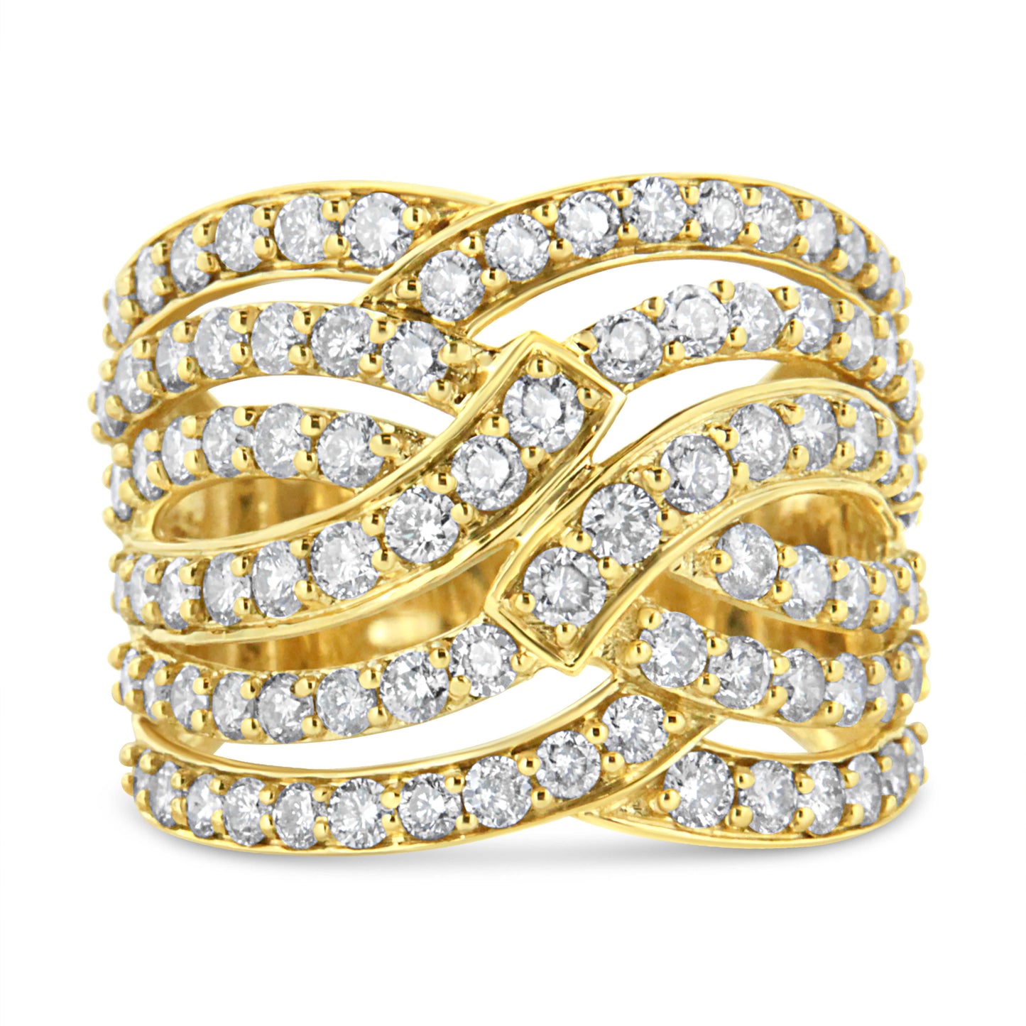 10K Yellow Gold 3.00 Cttw Diamond Multi Row Bypass Wave Cocktail Band Ring (J-K Color, I1-I2 Clarity) - Ring Size 9