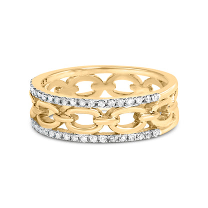 10K Yellow Gold 1/5 Cttw Diamond Two Row Cuban Link Ring (I-J Color, I2-I3 Clarity) - Size 9