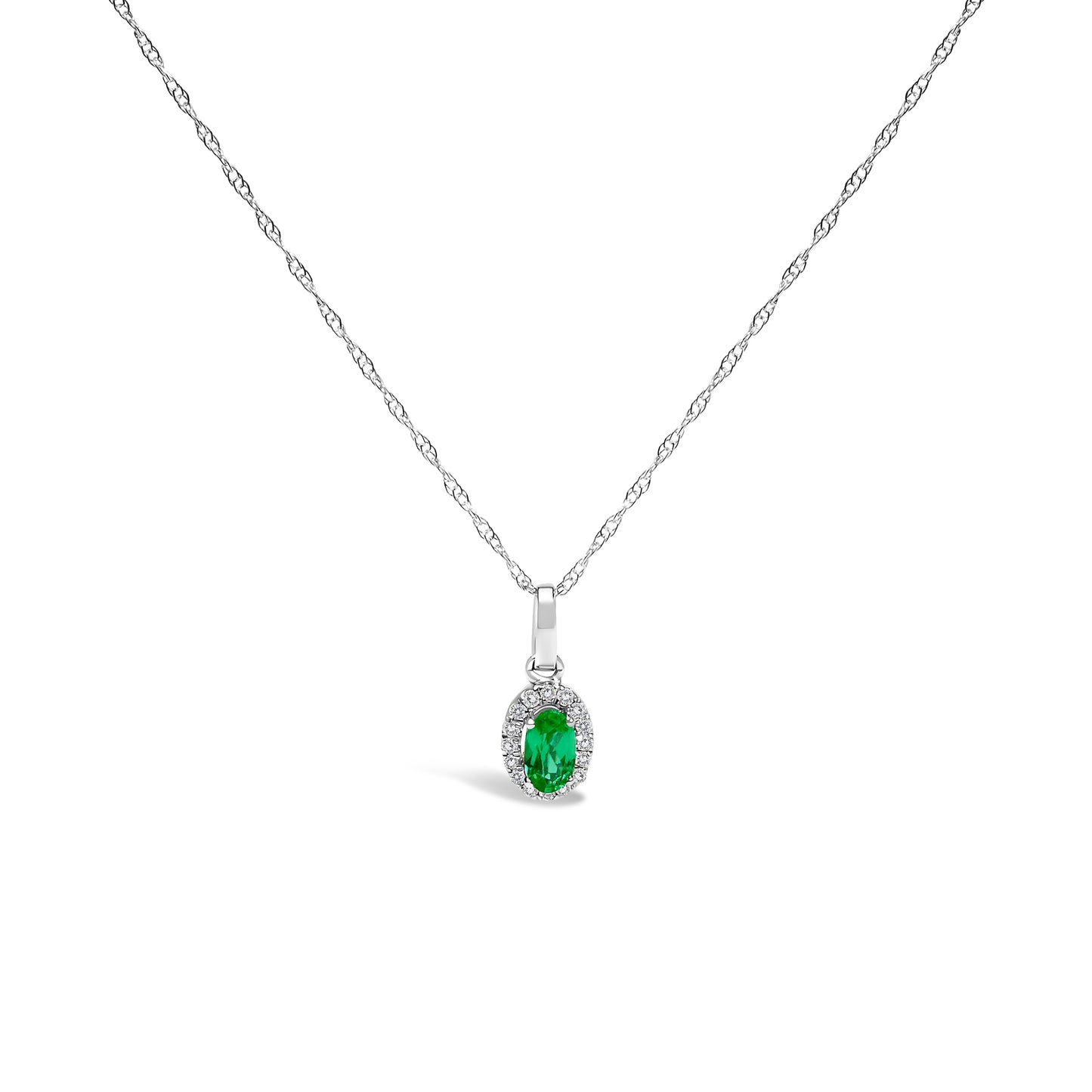 10K White Gold 5x3mm Green Emerald and Diamond Accent Halo Oval Shape 18" Pendant Necklace (I-J Color, I1-I2 Clarity)