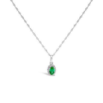 10K White Gold 5x3mm Green Emerald and Diamond Accent Halo Oval Shape 18" Pendant Necklace (I-J Color, I1-I2 Clarity)