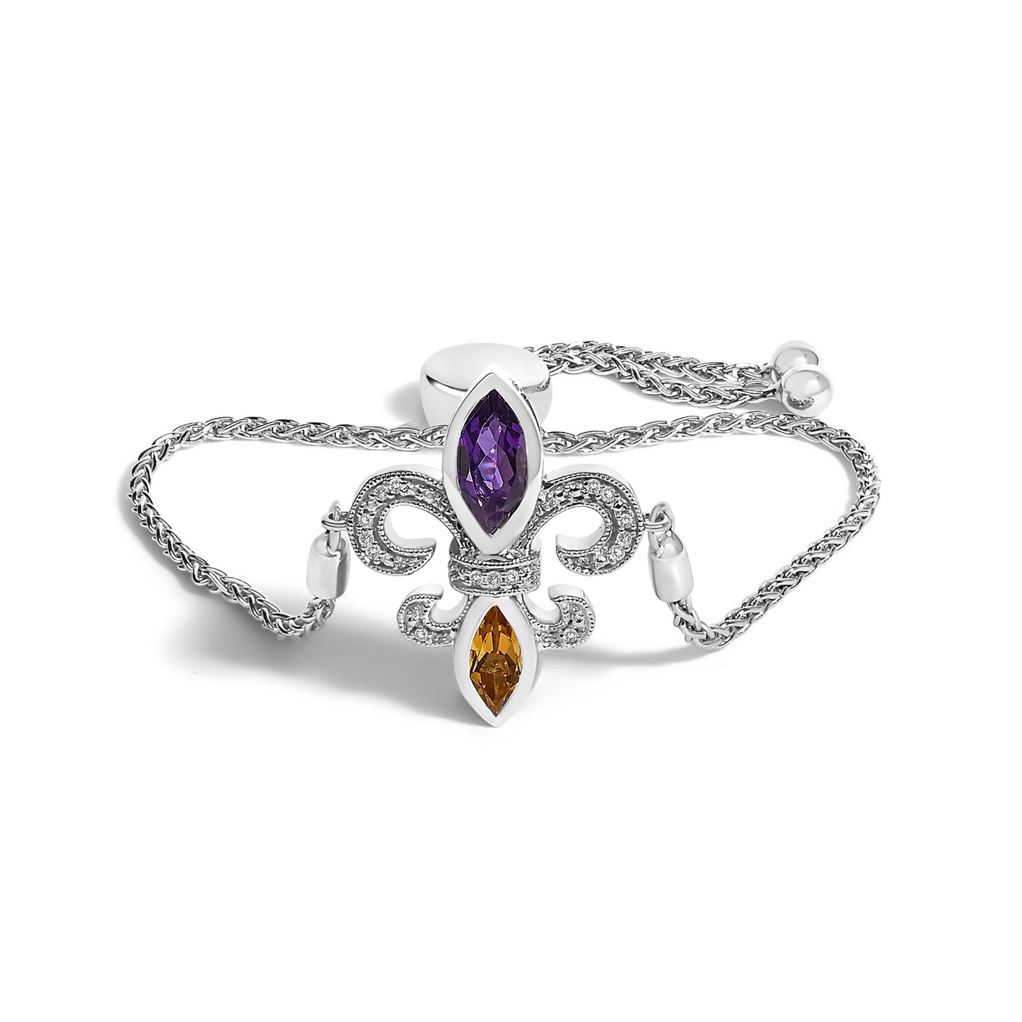 .925 Sterling Silver Marquise Purple Amethyst, Orange Citrine, and Diamond Accent Lariat 4"-10" Fleur De Lis Adjustable Bolo Bracelet (I-J Color, I1-I2 Clarity)
