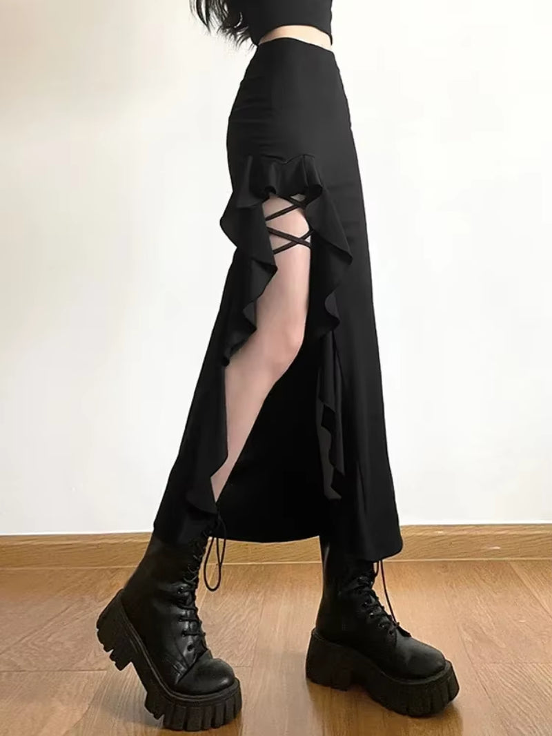 High-Waisted Half-Split Y2K Skirt Slim Skirts Streetwear Solid Micro-Pleats Bustier Skirt Evening Dresses Bandage Women Clothing