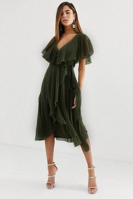 Elegante vestido midi con volante y falda cruzada Barbados, oliva