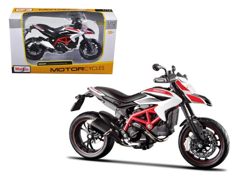 Ducati Hypermotard SP 2013, modelo de motocicleta en fundición a escala 1/12, blanca con rayas negras y rojas, de Maisto.