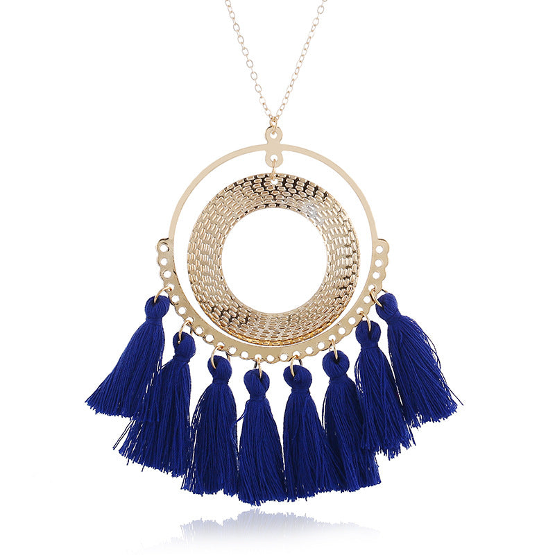 Color: Royal blue, style: A - Exaggerated Fan-Shaped Tassel Necklace Sweater Chain Fashion Small Pendant Jewelry