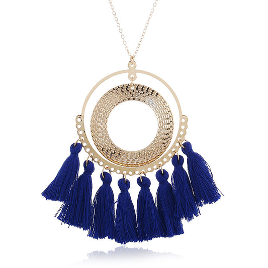 Color: Royal blue, style: A - Exaggerated Fan-Shaped Tassel Necklace Sweater Chain Fashion Small Pendant Jewelry