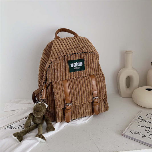 Color: Brown, Bag style: Has pendant - 2019 New Autumn And Winter Campus Wild College Style Student Schoolbag Corduroy Small Backpack Tide