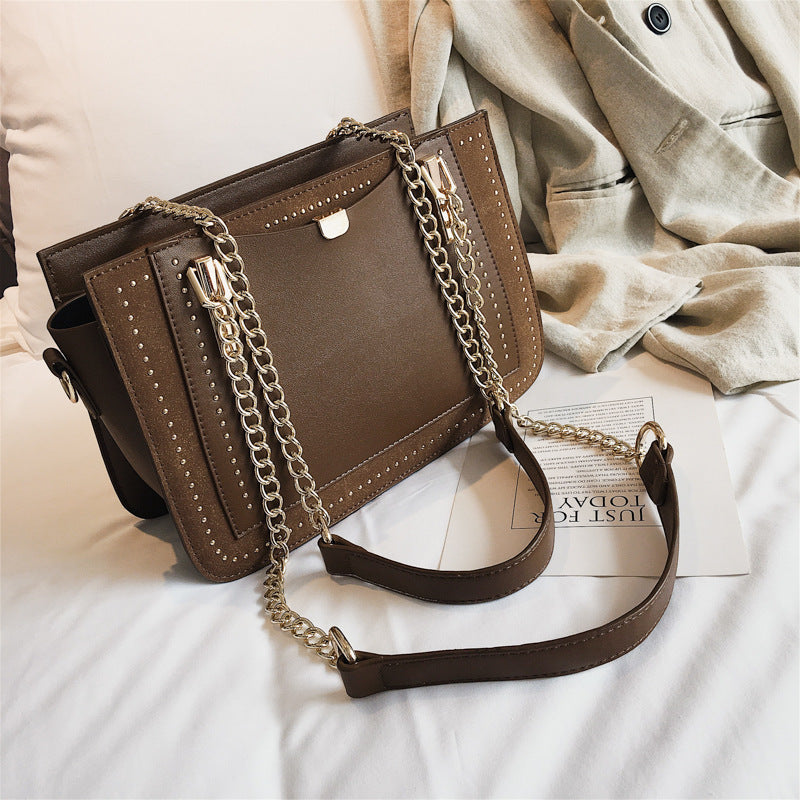 Color: Kaki - School bag student style wild fashion handbag silk scarf shoulder Messenger bag