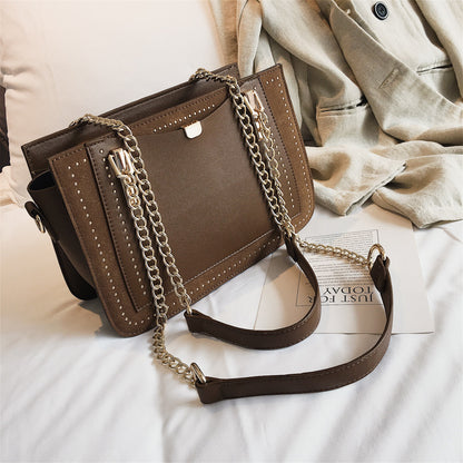 Color: Kaki - School bag student style wild fashion handbag silk scarf shoulder Messenger bag