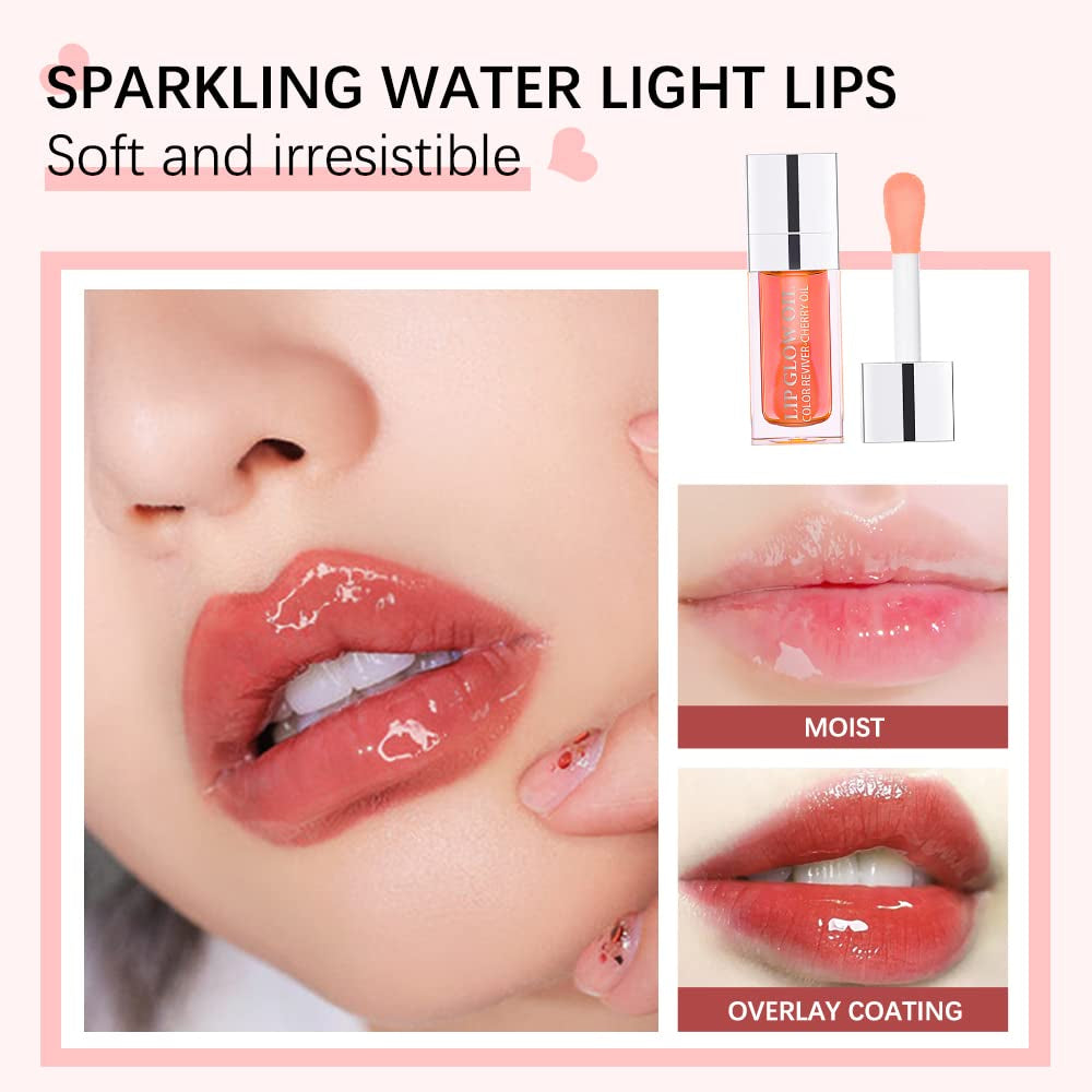 Plumping Lip Oil,Hydrating and Tinted Lip Balm,Nourishing Glow Oil for Lip Care, Transparent Non-Sticky Big Brush Head Glitter Shine Primer Lip Tint(Raspberry)