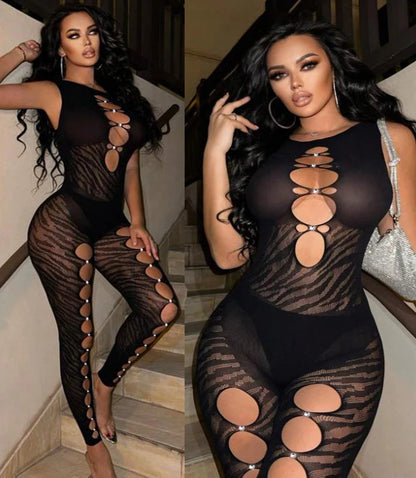 Hollow Out Sexy Curves Nightclub Party Transparent Super Elastic Mesh Playsuit Bodysuit Romper Ropa De Mujer Romper Jumpsuit