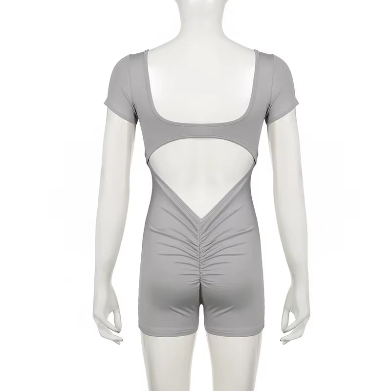 Backless Short Sleeve Rompers Sport Fitness Playsuit Women Sexy Streetwear Solid Skinny Jumpsuit Fashion Summer Clothes
