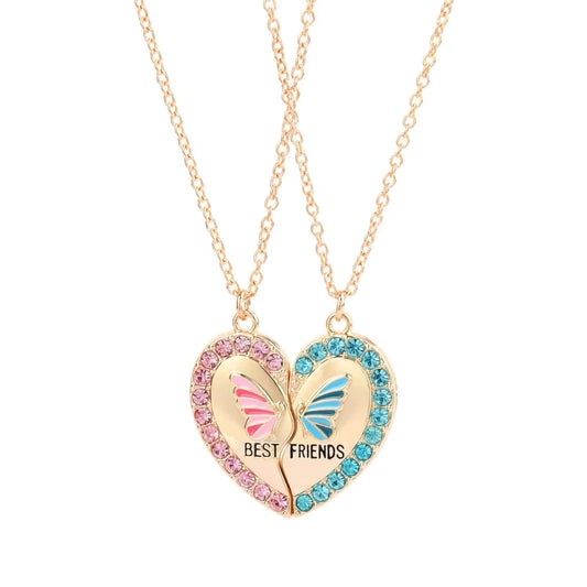 2Pcs/Set Delicate Rhinestone Butterfly Heart Best Friend Necklace BFF Friendship Jewelry Gifts for Kids