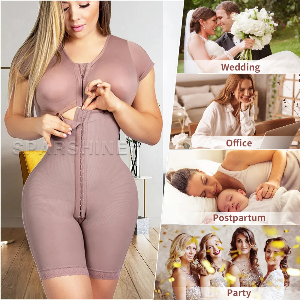 Adjustable Hook Fajas Colombianas Waist Corset and Eye Front Closure Short Sleeve Women Shapewear with Bra