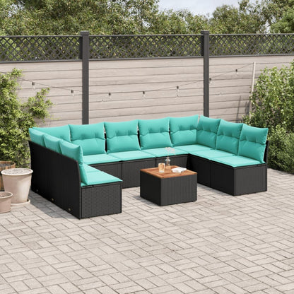 10 Piece Patio Sofa Set with Cushions Black Poly Rattan