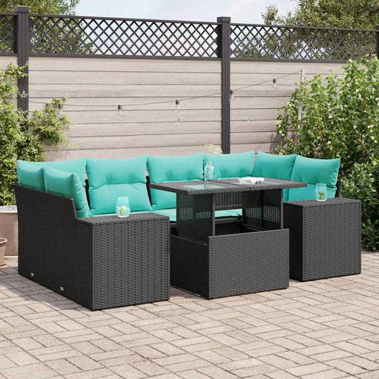 7 Piece Patio Sofa Set with Cushions Black Poly Rattan Acacia