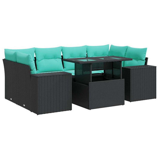 7 Piece Patio Sofa Set with Cushions Black Poly Rattan Acacia